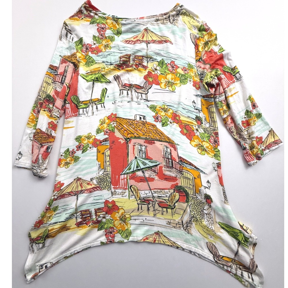 Onque Casual Tunic Top Beach Town Print 3/4 Sleeve Rhinestone Medium - Picture 3 of 3